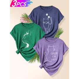 3pcs Women'S Retro Graphic T-Shirt Set - 