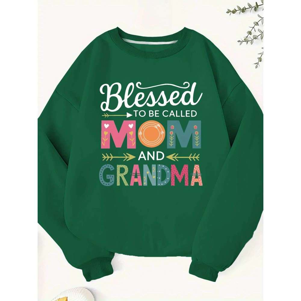 [Mom & Grandma Sweatshirt] 100% Polyester Blessed to be Called Mom & Grandma Women's Plus Size Casual Sweatshirt - Vibrant Green Geometric Print, Machine Washable, Autumn Winter Warmth, Family Gift Idea, Graphic Crewneck Top