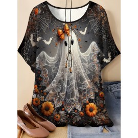 Plus Size - Plus Size - Women'S Plus Size Halloween T-Shirt - Cute Ghost & Pumpkin Print, Casual Crew Neck Short Sleeve Top, Medium Stretch, Non-Transparent, Machine Washable, Festive Summer Fashion, Halloween Apparel | Playful Print Top | Stretchy Fabric