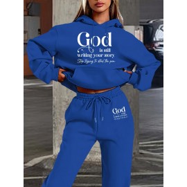 Machine Washable Polyester Blend Women's Casual Hoodie & Jogger Set - Letter Print, Drawstring Waist with Pockets, Perfect for Fall/Winter