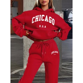 [Chicago U.S.A. Print Hoodie Set] Red Polyester Women's Chicago U.S.A. Letter Print Hoodie & Pants Set - Drawstring, Machine Washable Casual Outfit