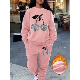 Women'S Stylish Casual Cherry Print Sweatshirt Set, Autumn And Winter Fleece Sweatshirt Outfit for Ladies.